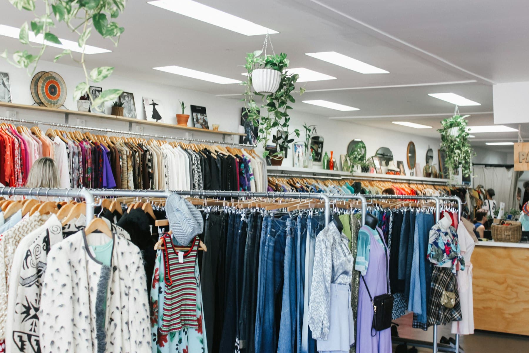 Interior de um brechó, com araras cheias de roupas coloridas e plantas
